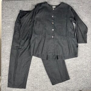 Vtg 90s CTC Linens 2 Pc SET Womens L Black 100% Linen Button Up Tunic & Trousers